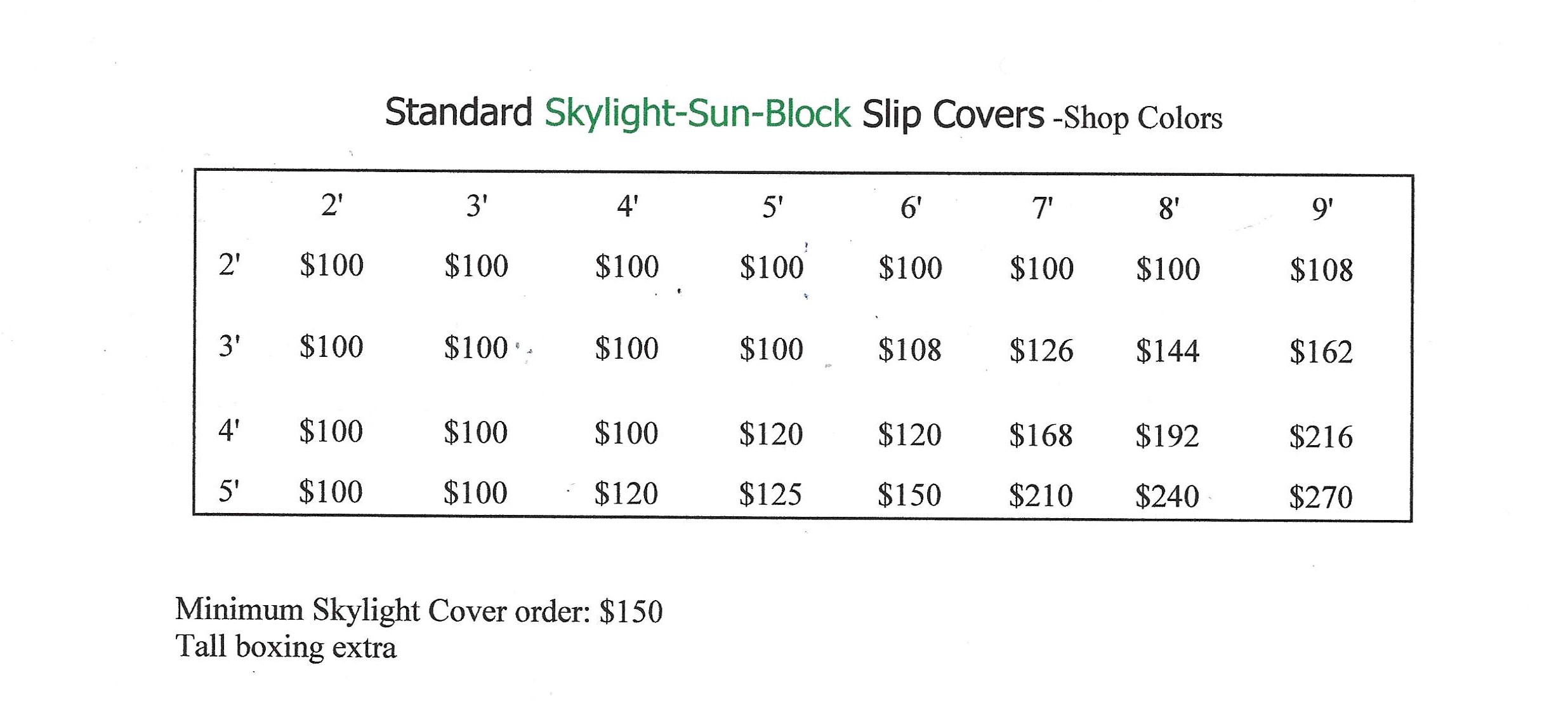 price list skylight-sun-block standard covers