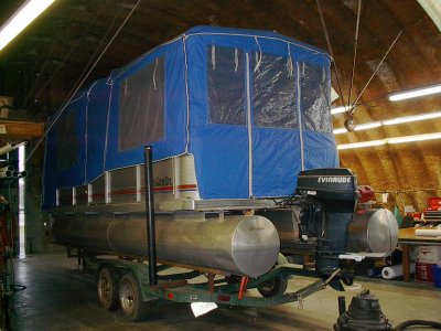 Patio Boat enclosure drops top Gun Carribbean Blue privacy curtains