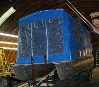 Patio Boat enclosure drops top Gun Carribbean Blue privacy curtains