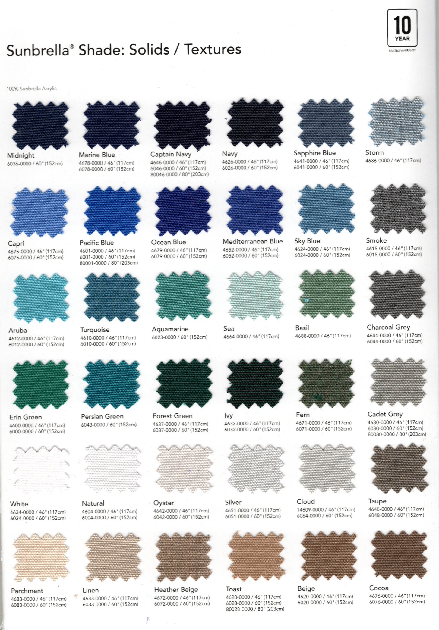 Sunbrella Awning Fabric Color Chart